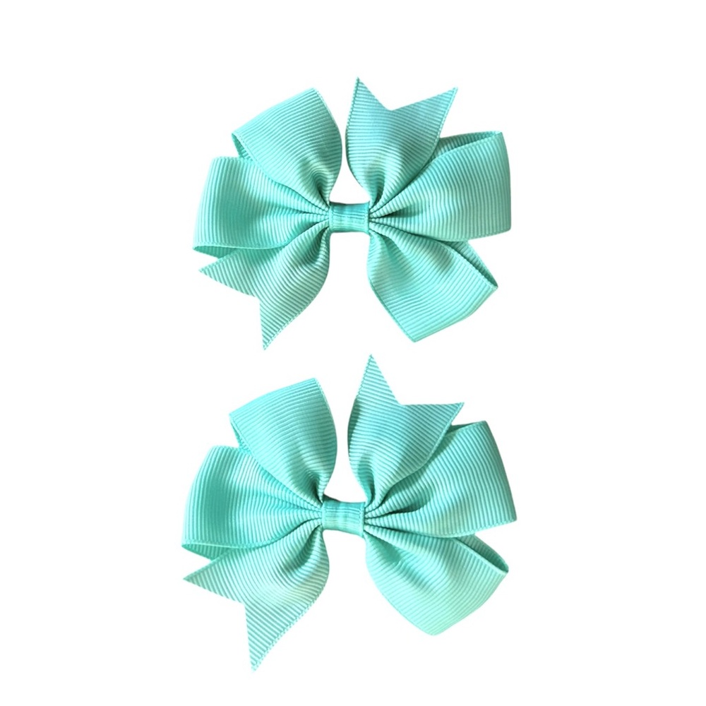 Girl’s Pale Aqua Green Ribbon Bows Hair Clips Set NEW